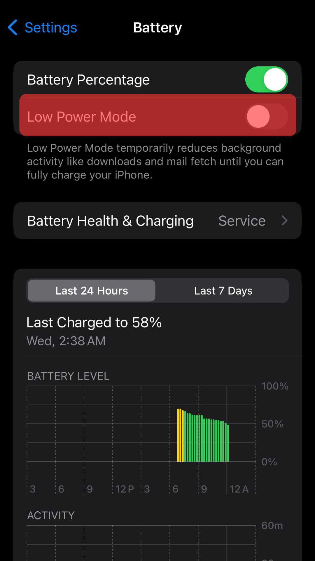Turn Off The Low Power Mode.