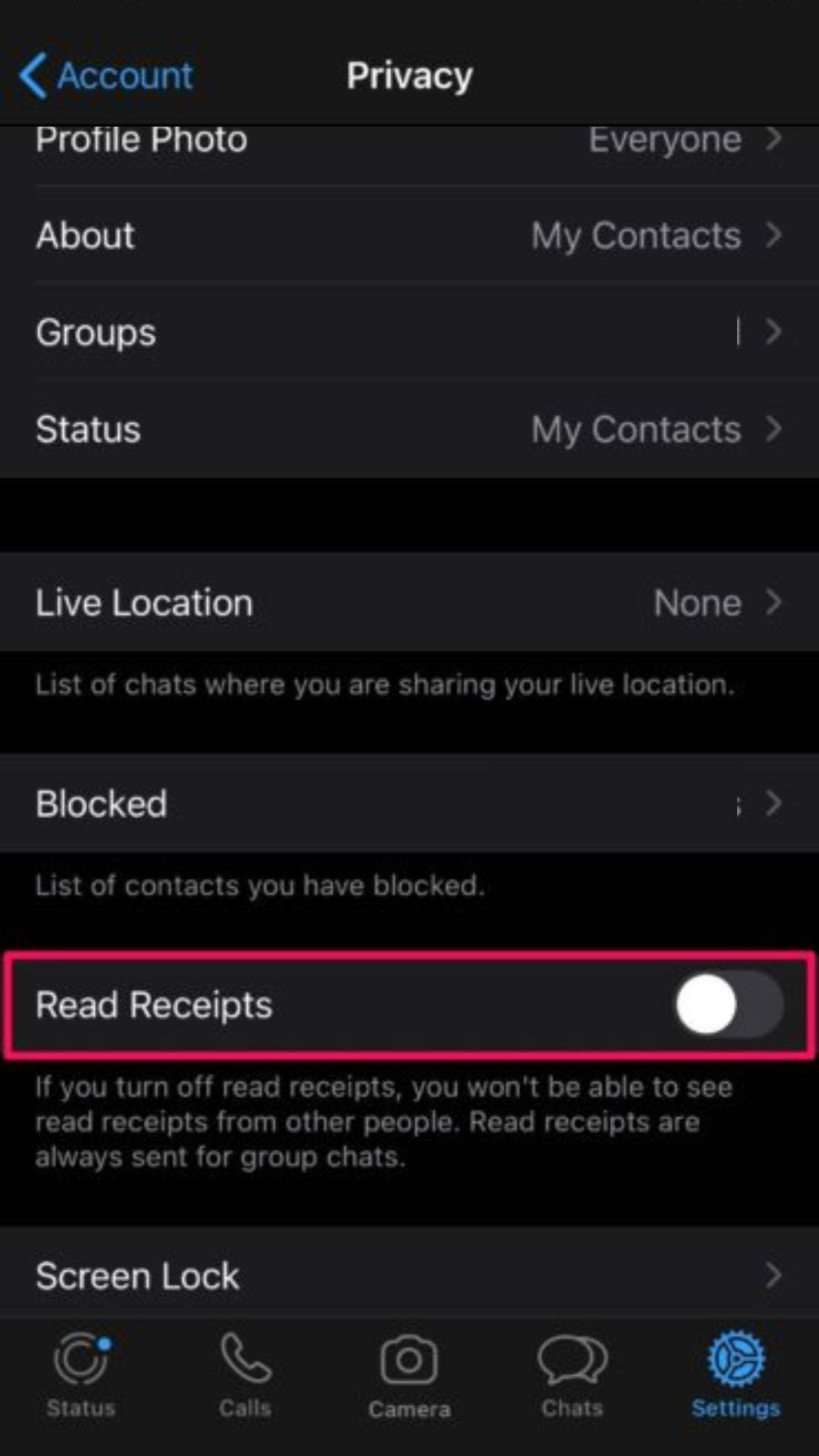 Turn Off The Read Receipts Toggle Whatsapp Ios