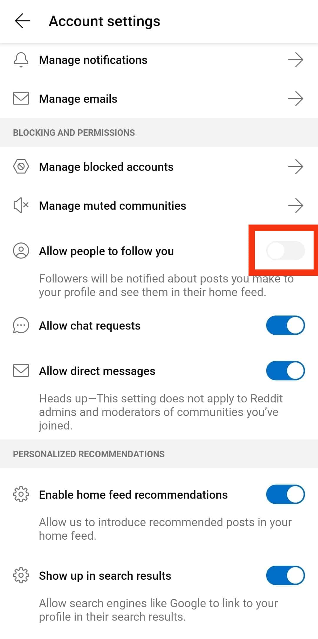 Turn Off The Allow People To Follow You Toggle