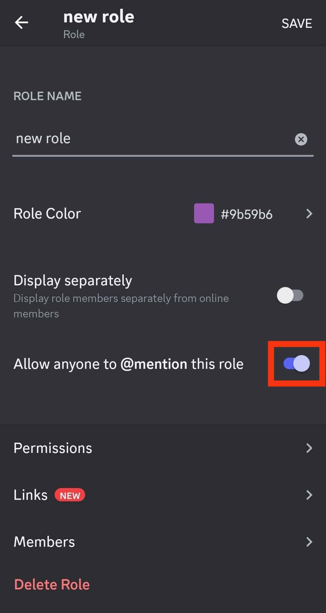 Turn On Allow Anyone To @Mention This Role Toggle
