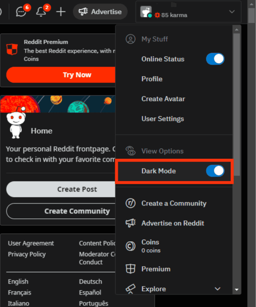 Turn On The Dark Mode Option