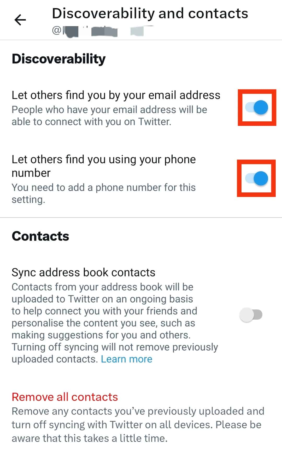 Turn On The 'Let Others Find You By Your Email Address' And 'Let Others Find You By Your Phone Number'.
