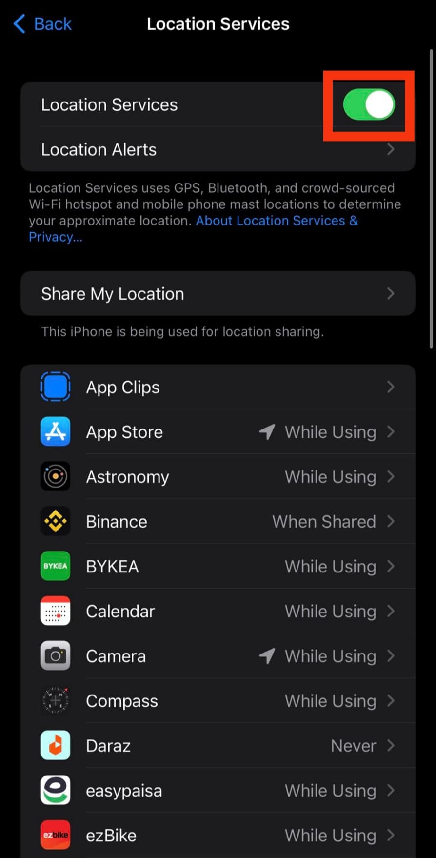 Turn On The Toggle Next To Location Services