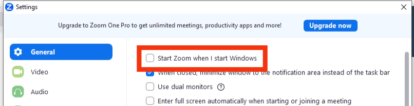 Uncheck The 'Start Zoom When I Start Windows' Option