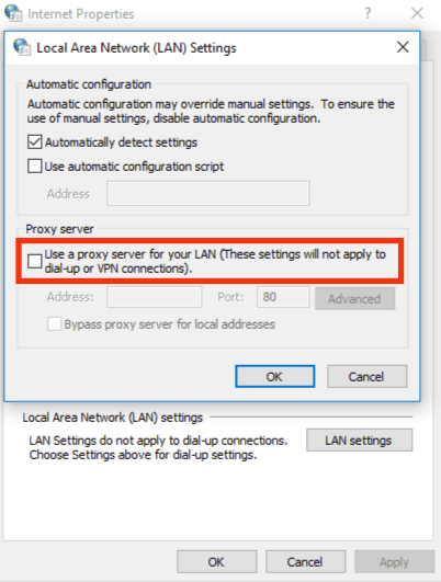 Uncheck Use A Proxy Server For Your Lan Box