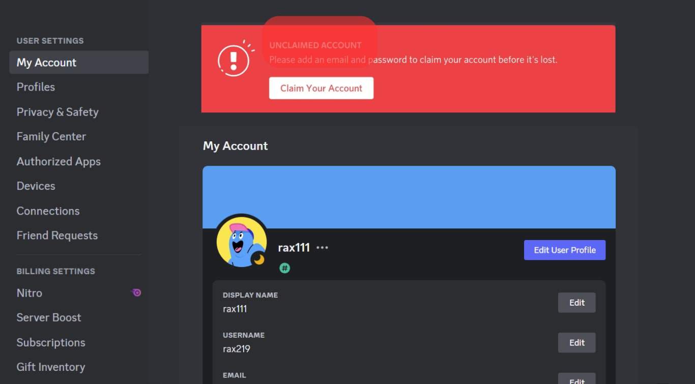Unclaimed Account In My Account Section Discord