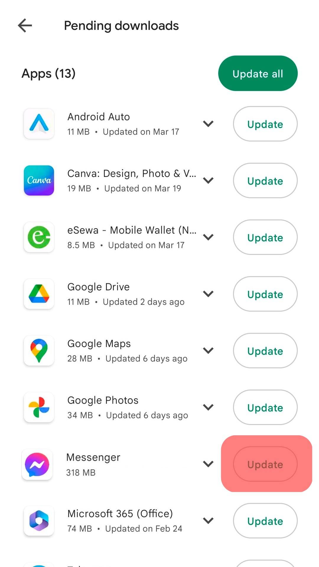 Update Button Playstore Messenger