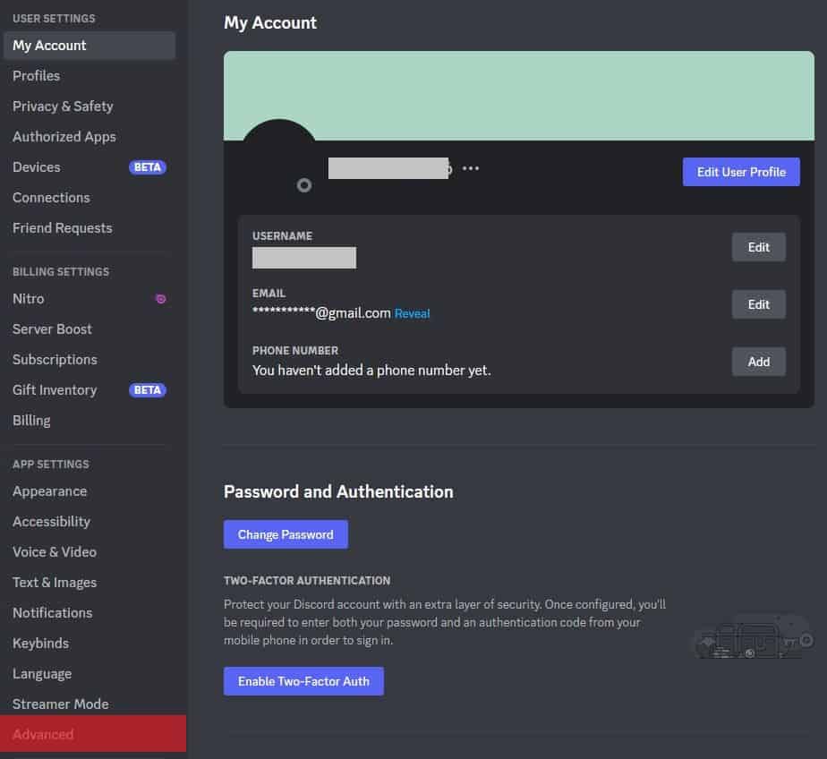 Advanced Option In Discord Settings On Web