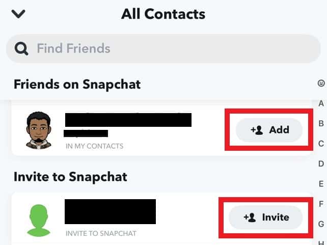 All Contacts Page On Snapchat