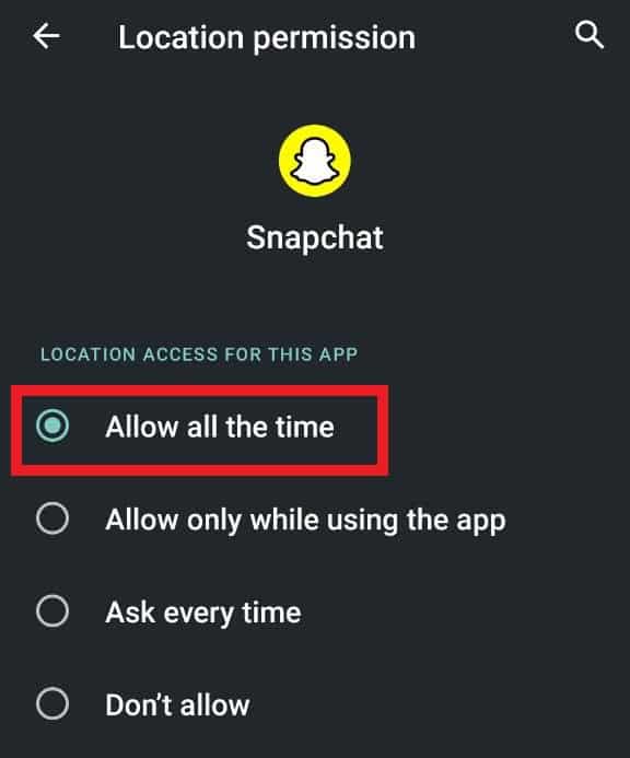 Snapchat Location Permissions - Allow