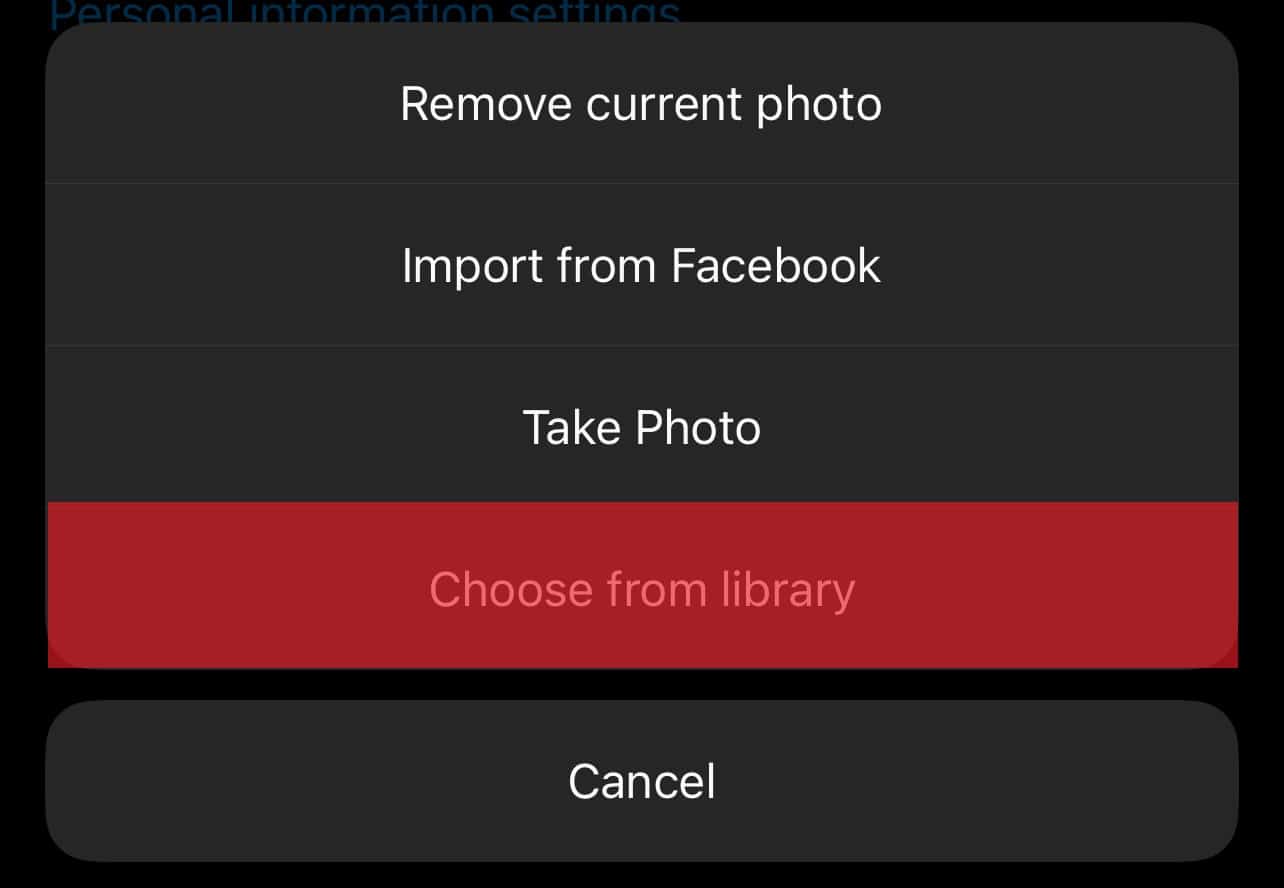 Choose Profile Photo From Library Button On Instagram