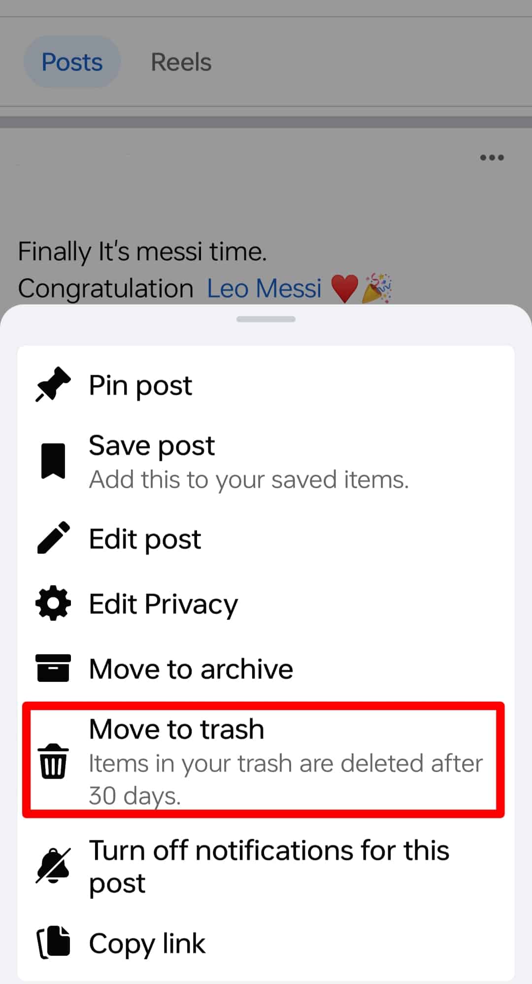 Click On Move To Trash Facebook