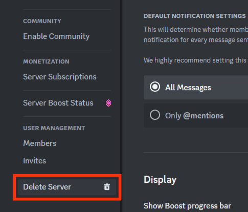 Click The Delete Server Option