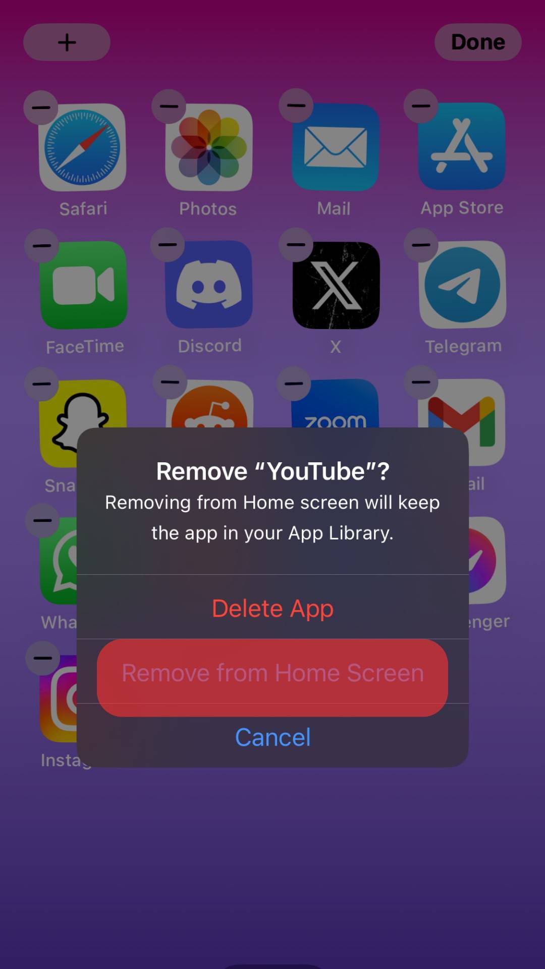 Click The Remove From Homescreen Button