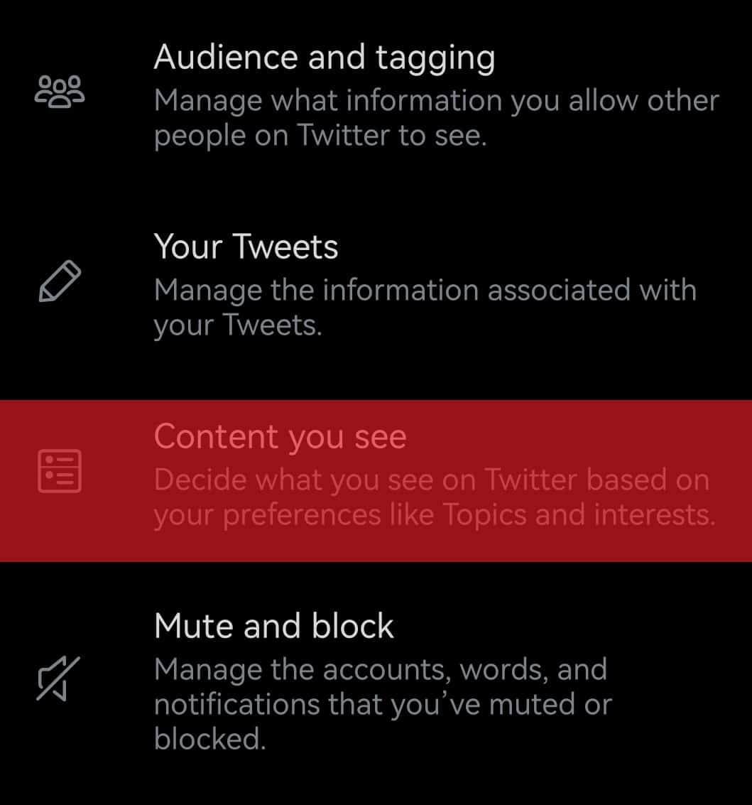 Content You See Option On Twitter Mobile App