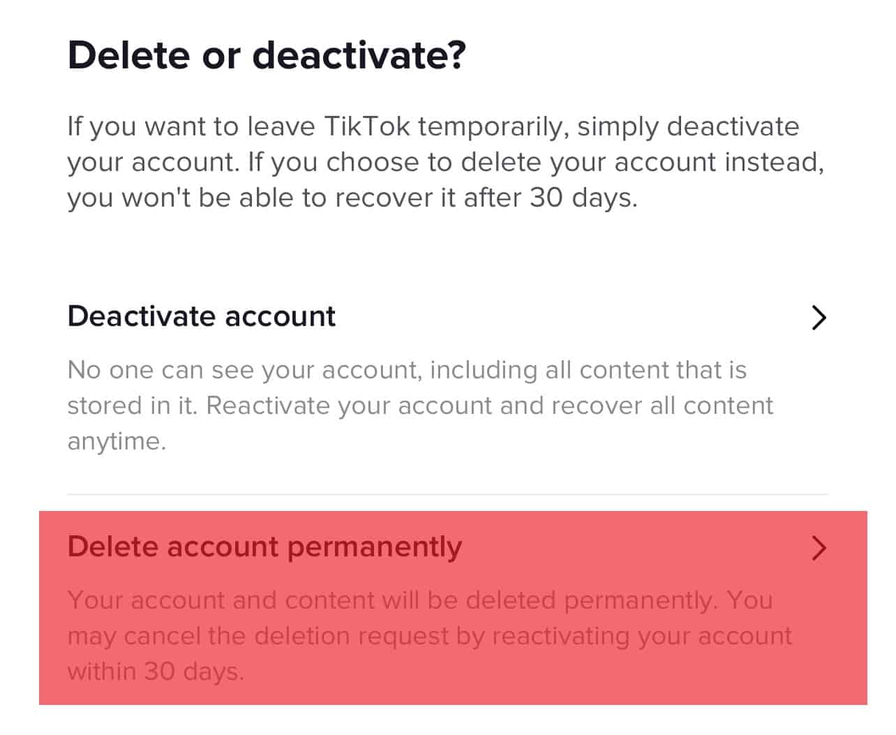 Delete account permanently option on TikTok