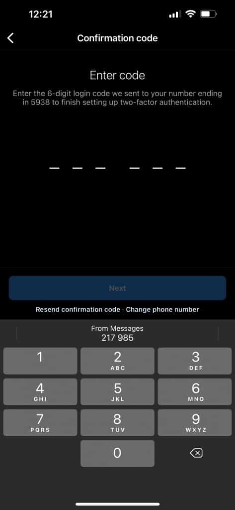 Entering Instagram Security Code