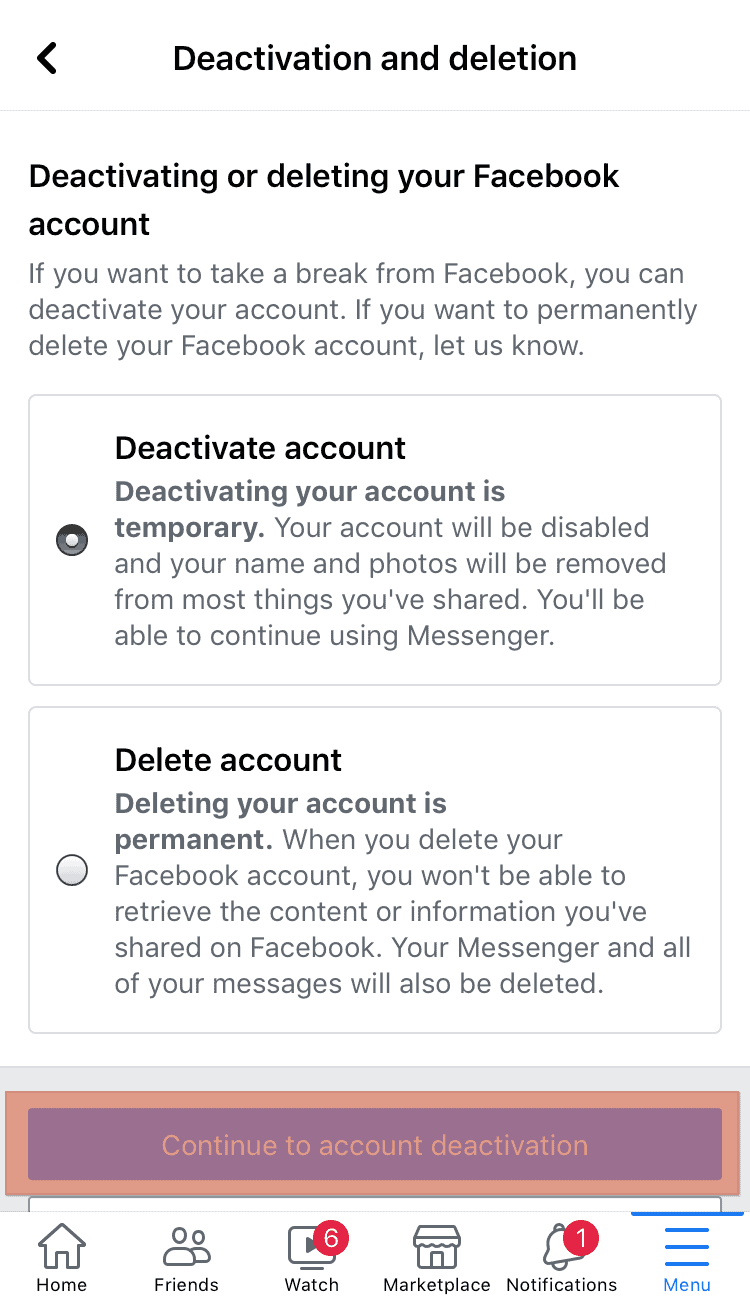 Facebook Continue To Account Deactivation