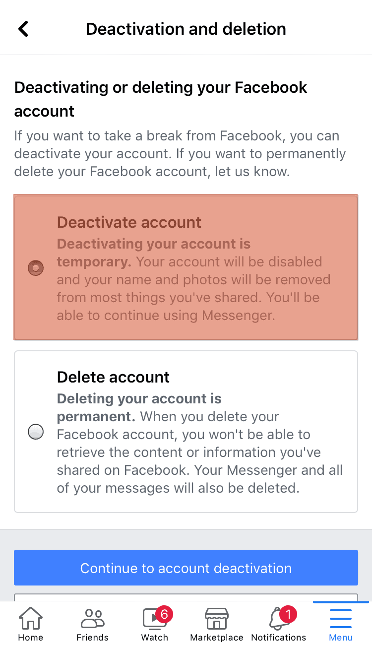 Facebook Deactivate Account