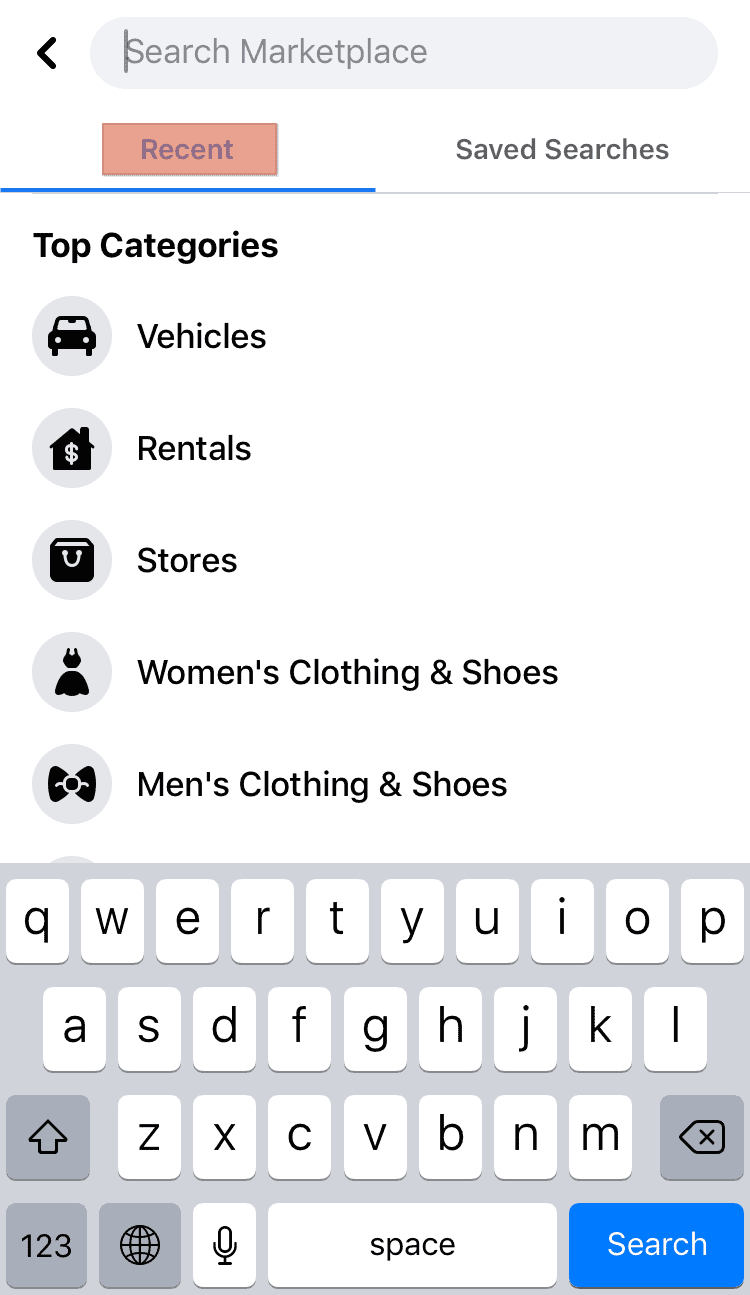 Facebook Marketplace Recent Tab Categories