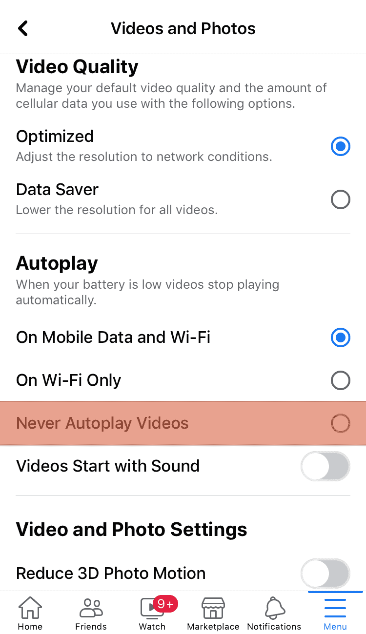 Facebook Never Autoplay Videos