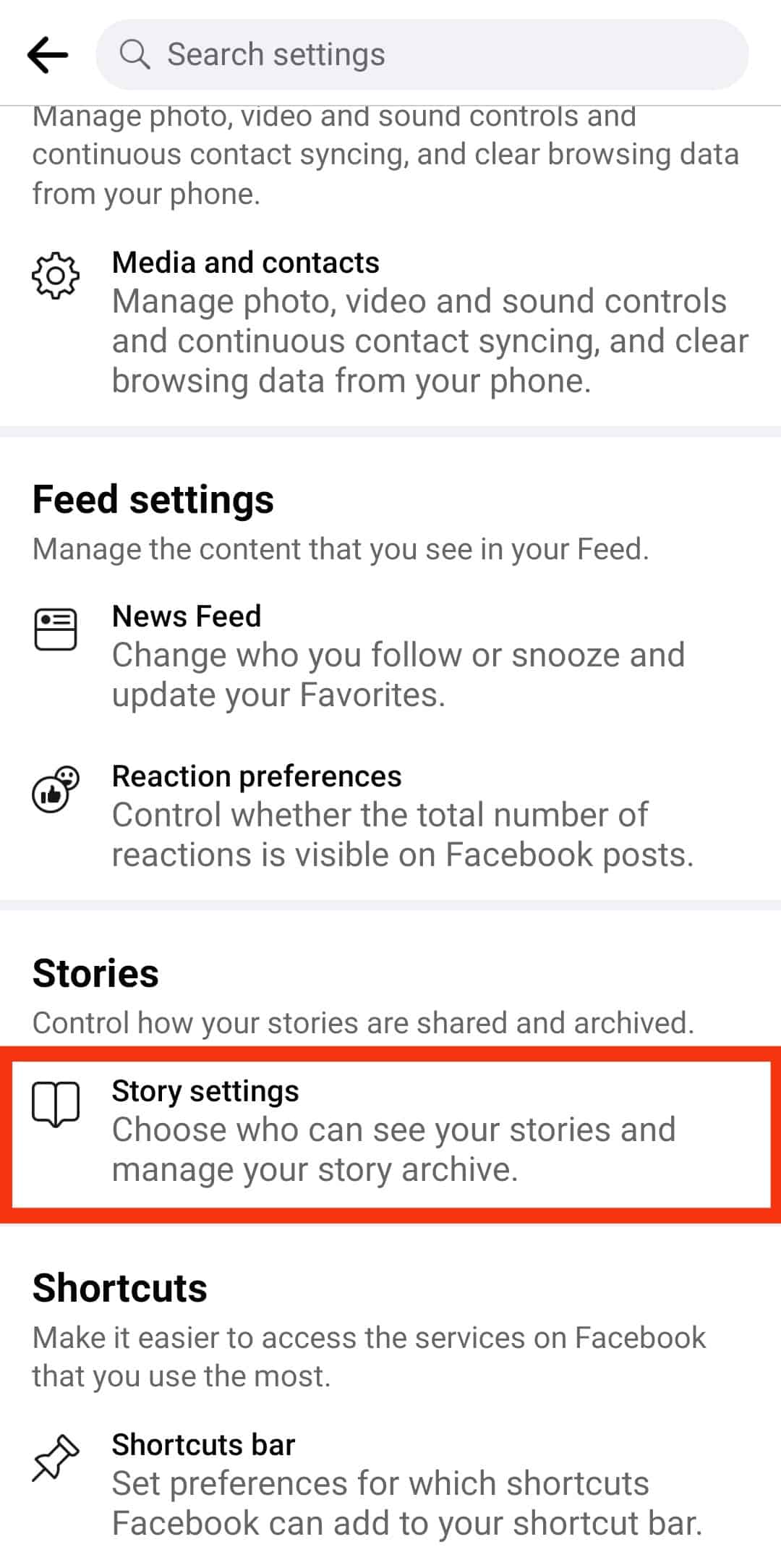 Find The Story Settings Option