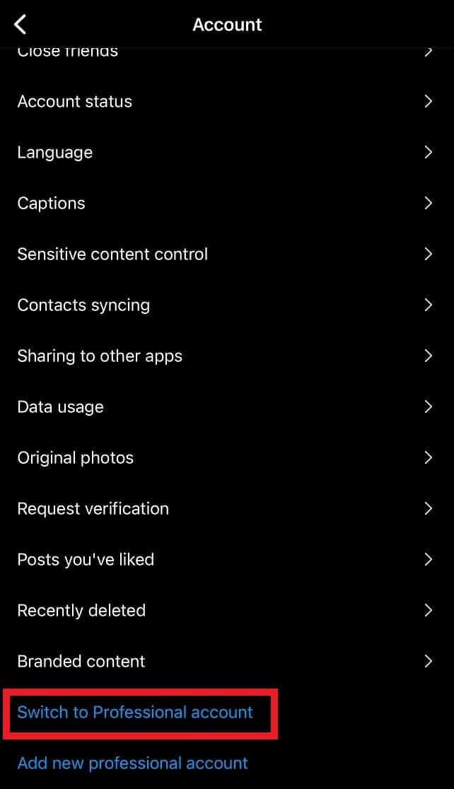 Instagram Account Settings Menu