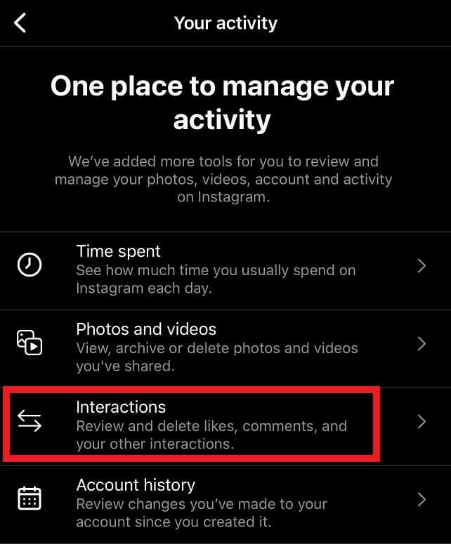 Instagram Your Activity Page - Interactions