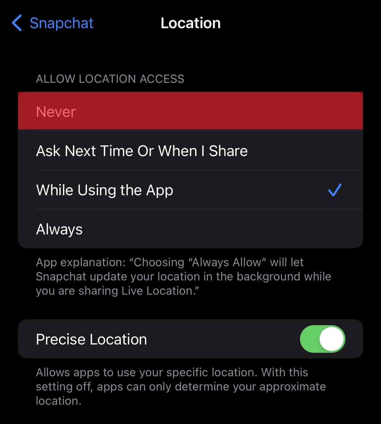 Never In Iphone Location Settings
