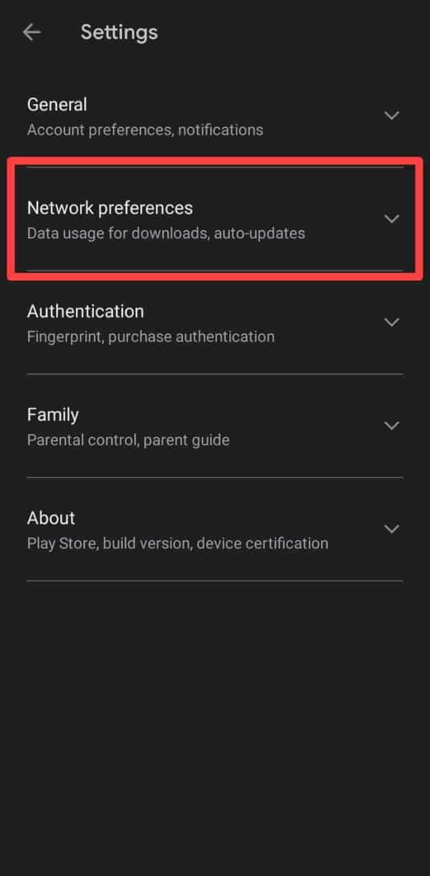 Playstore Network Preferences