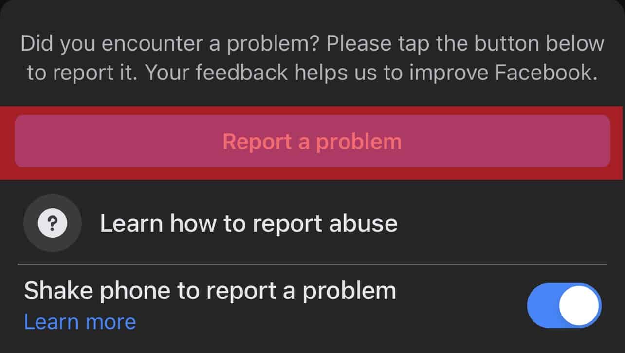 Report a problem after shaking on Facebook