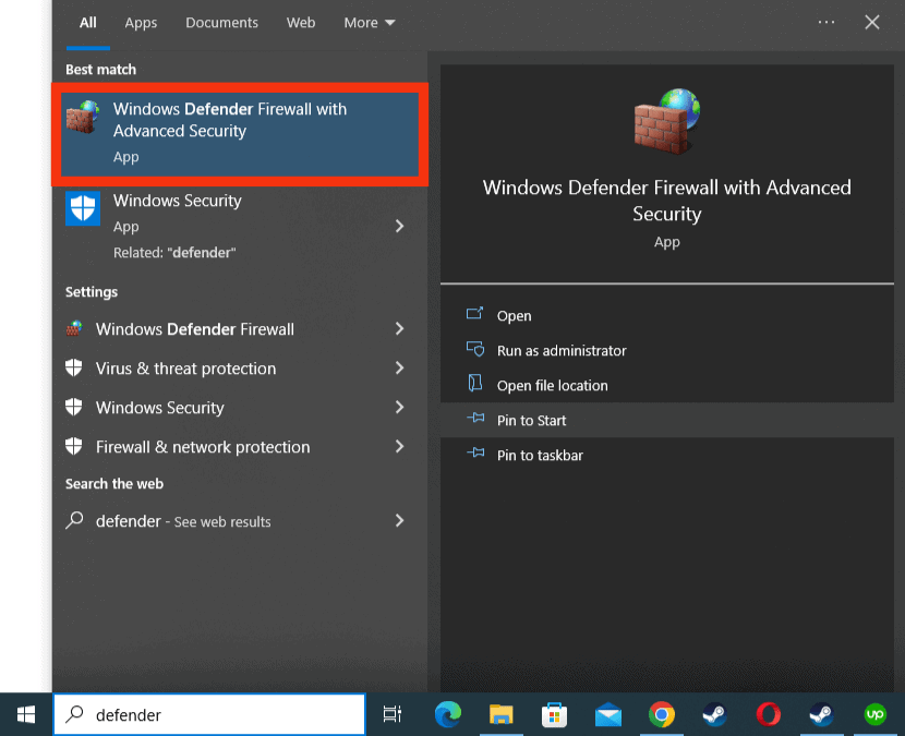 Search For Windows Defender Firewall With Advanced Security