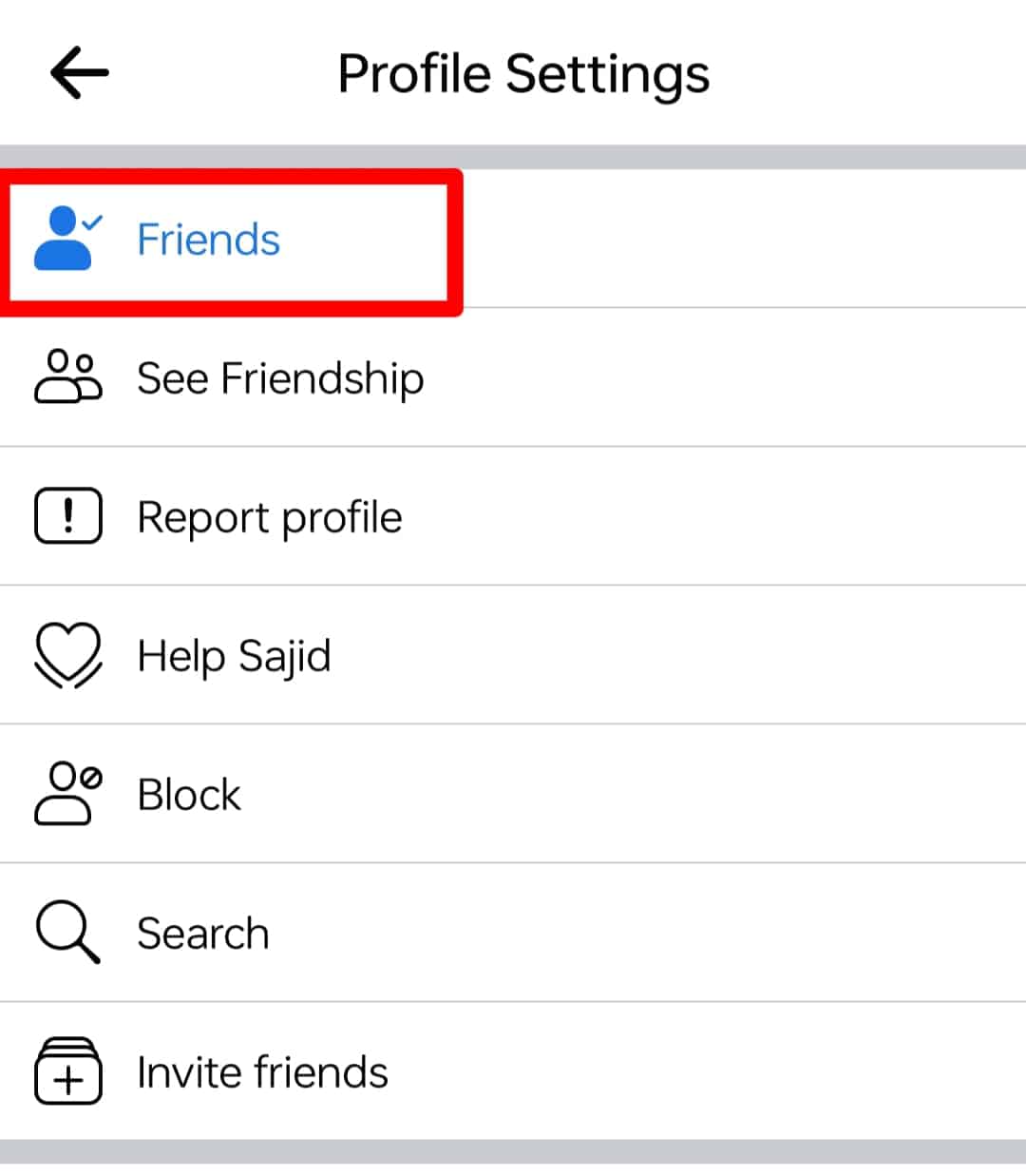 Select Friend Option Facebook Android