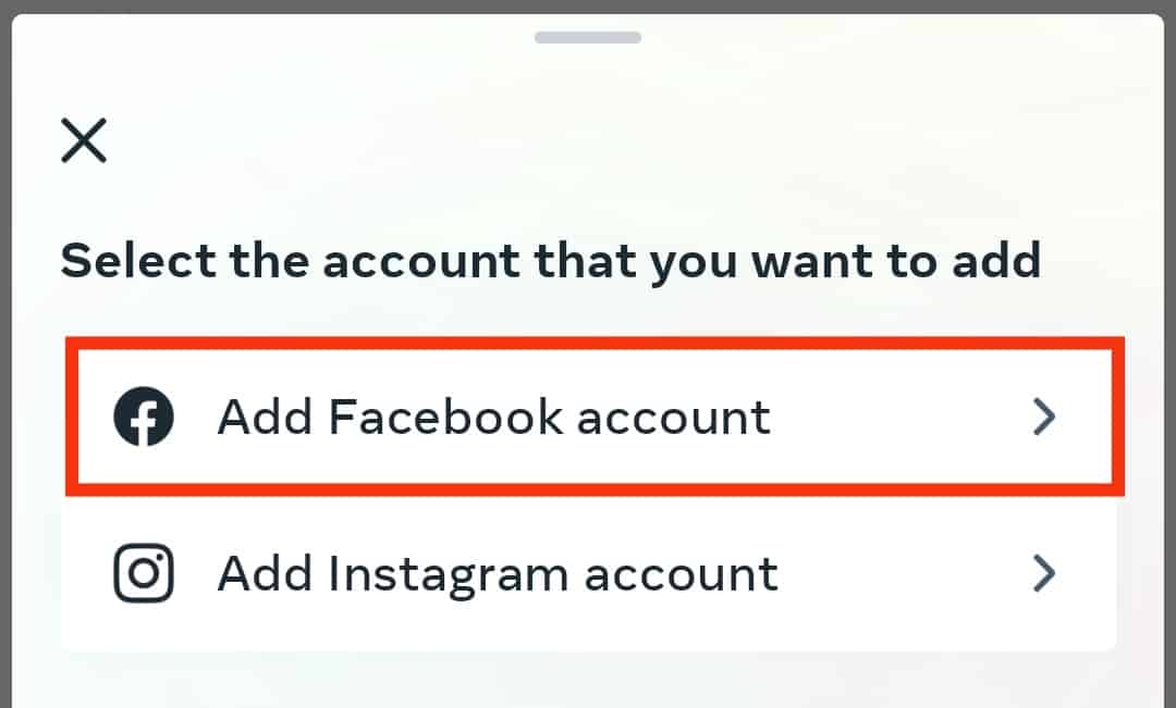 Seleccione la opción para agregar una cuenta de Facebook
