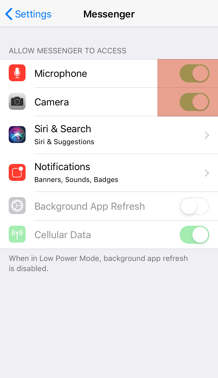 Settings Messenger Camera And Microphone Toggle
