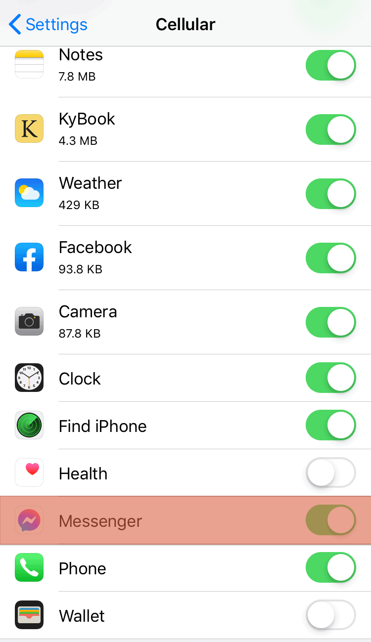 Settings Messenger Cellular Toggle