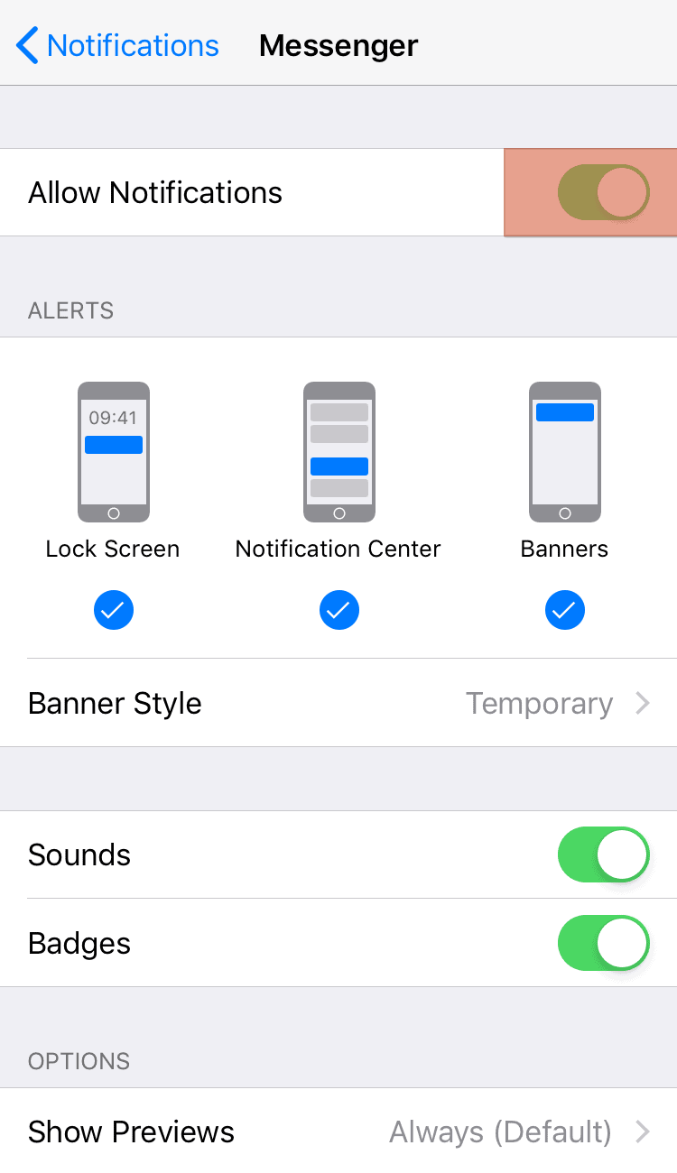 Settings Messenger Notifications Toggle