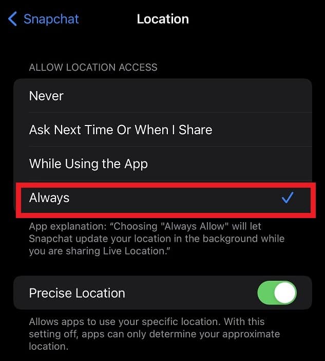 Snapchat's Location Settings