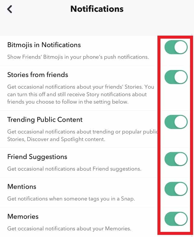 Snapchat Notification Settings Menu