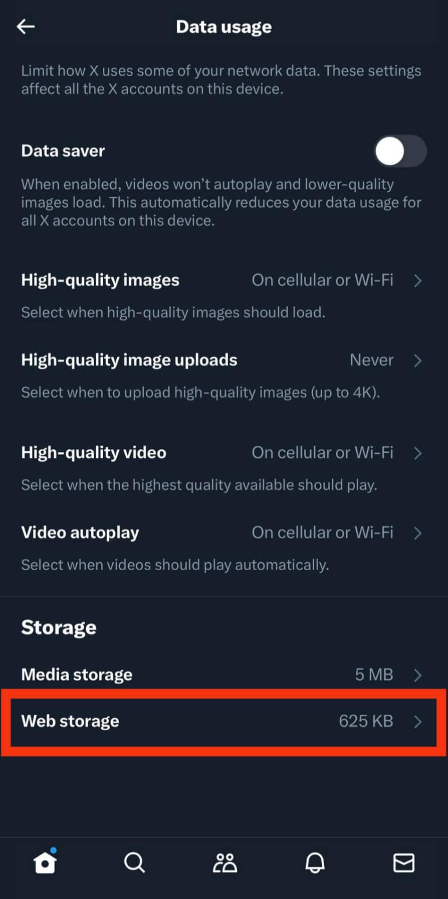 Tap The Web Storage Option