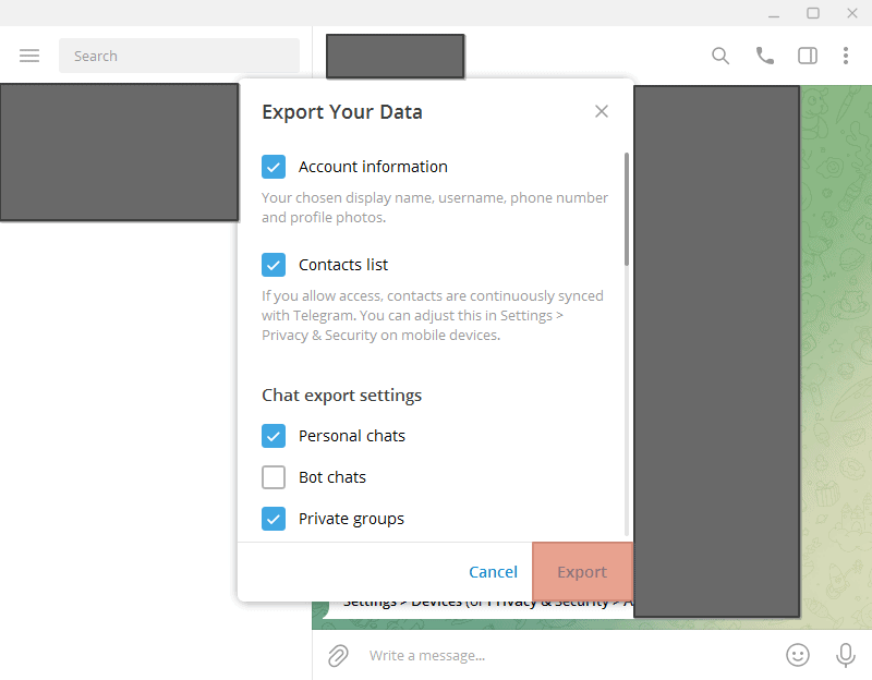 Telegram Export Data Confirm