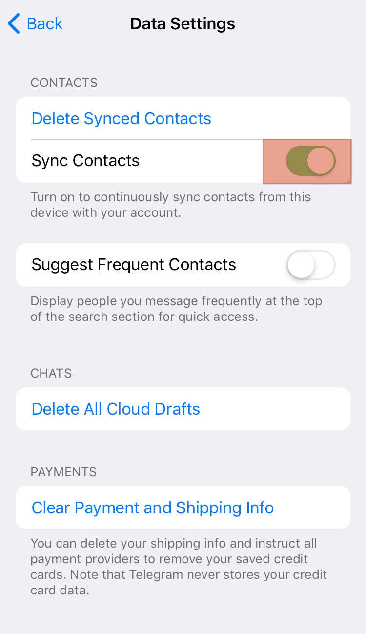 Telegram Sync Contacts Toggle
