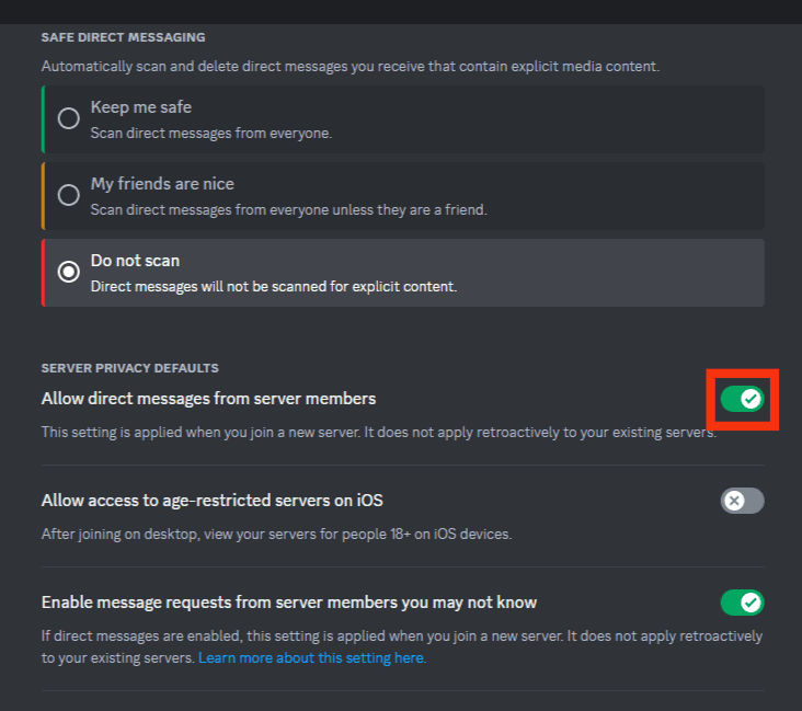 Turn Off The Allow Direct Messages From Server Members