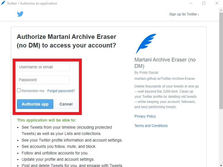 Authorize Twitter Archive Eraser