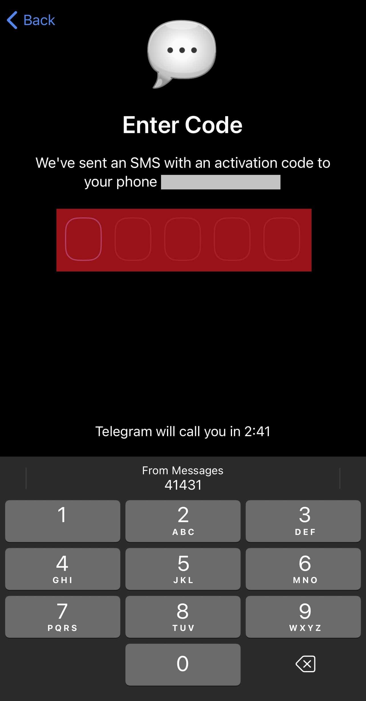 Verification Code Input On Telegram Iphone App
